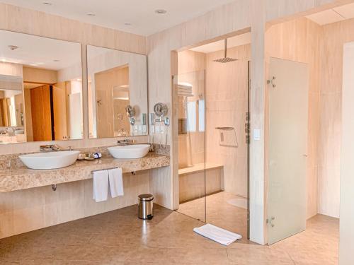 巴兰基亚Hotel Dann Carlton Barranquilla y Centro de Convenciones的一间带两个盥洗盆和淋浴的浴室