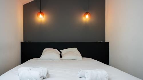 巴斯洛内特La Capitale - Les Gîtes de L Argile的一间卧室配有一张带两个白色枕头的床