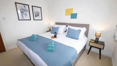 邓迪Quayside 2-Bed Apartment in Dundee的一间卧室配有两张带蓝色枕头的床