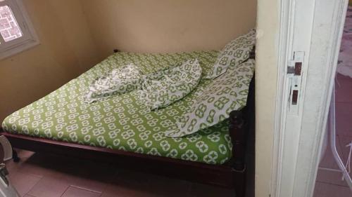 布拉柴维尔AUBERGE-NGOMSON的一张带绿色和白色床单及枕头的小床