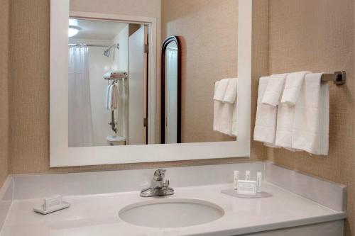 威洛格罗夫万豪费城威洛格洛夫斯普林希尔套房酒店的浴室配有盥洗盆、镜子和毛巾