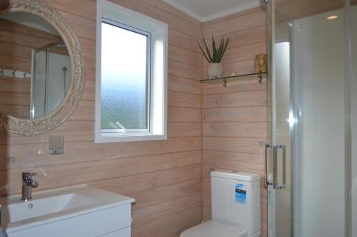 KaukapakapaManuka Views - Close to Thermal Hot Pools的一间带卫生间、水槽和镜子的浴室