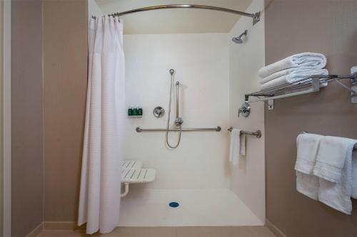 森特维尔森特维尔尚蒂伊春丘酒店的一间带白色淋浴帘的浴室