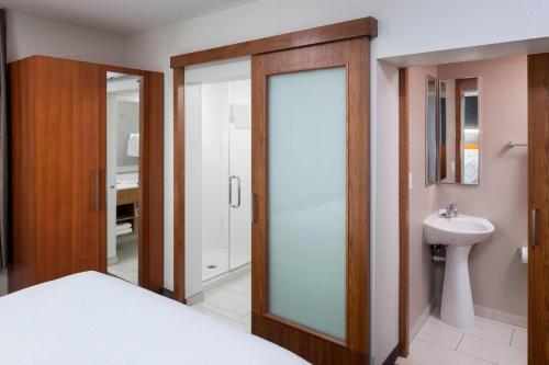 盐湖城万豪盐湖城机场春季山丘套房酒店的一间卧室设有滑动玻璃门,可通往浴室