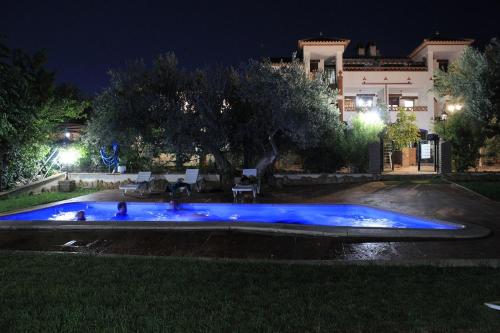 HinojaresApartamentos La Granja的夜晚在院子里有一个灯光蓝色的游泳池