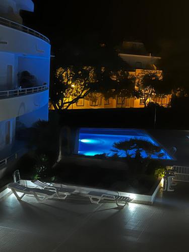 圣卢西亚岛Cozy Apartment的大楼游泳池的夜景