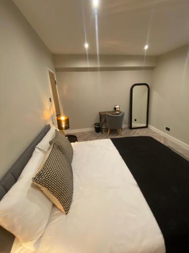 伦敦Luxury 2 bed 1 bath in Central London by Graceful Apartments的一间卧室配有一张大床和镜子