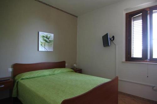 卡萨尔韦利诺Costiera del Cilento Apartments的一间卧室设有一张绿色的床和一个窗户。