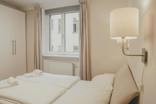 维也纳瑞典广场亥米公寓的酒店客房设有两张床和窗户。