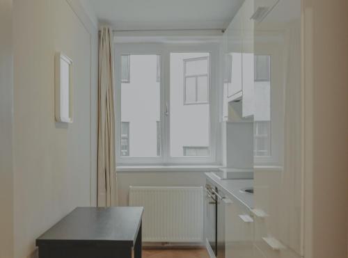 维也纳瑞典广场亥米公寓的白色的厨房,配有桌子和窗户
