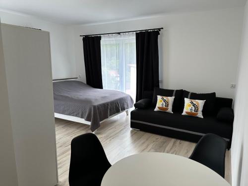 维斯瓦Roomflacja的一间卧室配有一张床、一张沙发和一面镜子