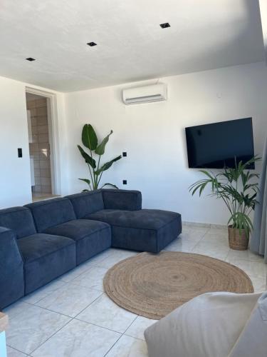 伊罗达Elounda Port Apartment的客厅配有蓝色的沙发和平面电视。