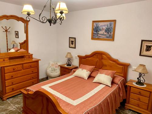卡斯特里尔Alojamiento Rural Mar de Olivos的一间卧室配有一张床、梳妆台和镜子