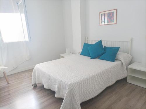 马德里Apartamento Pinar de Chamartin的白色卧室配有蓝色枕头的床