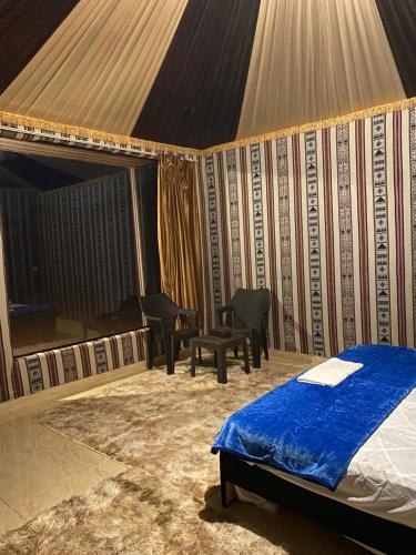 瓦迪拉姆WADi RUM ALi CAMP的一间卧室配有一张床,帐篷内配有钢琴