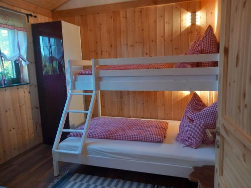 GrebenhainVogelsberger Zirbenstüberl的小屋内设有一间带两张双层床的卧室