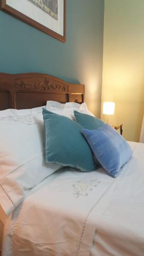 SanfrèVilla Martini dei Rossi的床上的2个蓝色枕头