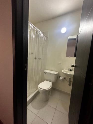 波哥大Hotel Artistico的浴室配有卫生间、淋浴和盥洗盆。