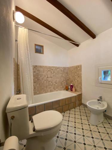 埃斯波尔莱斯Finca es Born - vistas panorámicas的浴室配有卫生间、浴缸和水槽。
