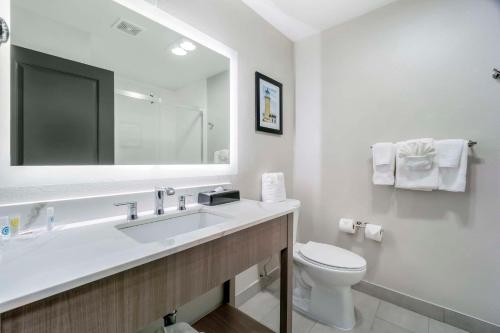 奥本Comfort Inn & Suites Pacific - Auburn的一间带水槽、卫生间和镜子的浴室