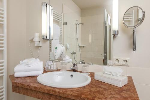 奎德林堡温德姆奎德林堡花园酒店的一间带水槽、淋浴和镜子的浴室