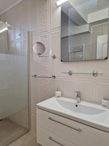 德罗贝塔-塞维林堡Caprice Deluxe Accomodation的白色的浴室设有水槽和淋浴。