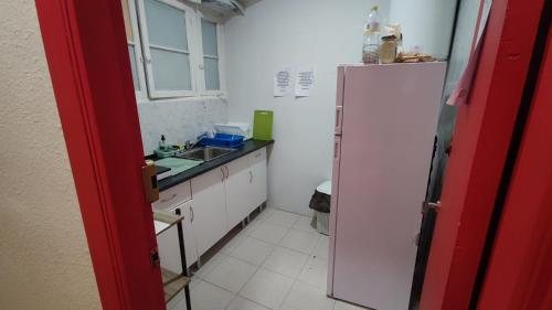 马拉加La Merced Centro Rooms的厨房配有水槽和白色冰箱