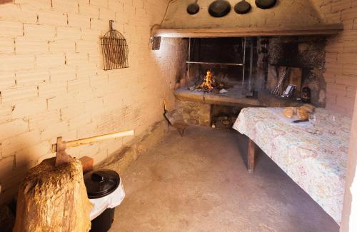 MeisA Casa De Lucha的一间带壁炉的客房和一张位于客房内的床