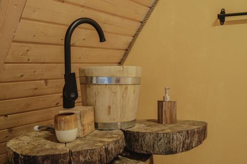 巴亚马雷Waterfall A Frame, Maramures的厨房柜台配有桶和木柴