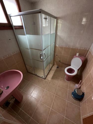 艾德亚耶拉西İnka Apart House的带淋浴、卫生间和盥洗盆的浴室