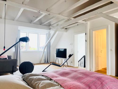 科隆Zehuus mit Domblick und Dachterrasse的一间卧室配有一张床和一台电视。