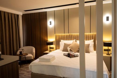 库萨达斯MONALİSA HOTELS的配有一张床和一把椅子的酒店客房