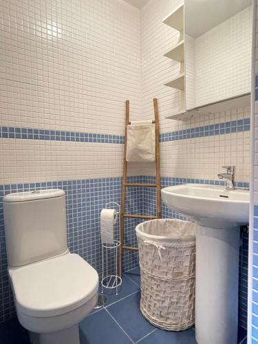 维拉加尔西亚·德·阿劳萨Apartamento Xalda con piscina的蓝色和白色的浴室设有卫生间和水槽