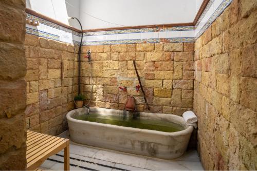 奇克拉纳－德拉弗龙特拉Hotel Balneario de Chiclana的带浴缸的浴室和石墙