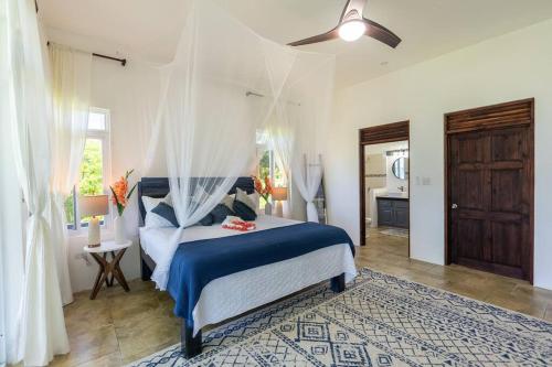 白豪斯Ivy's Cove Beach Side Condo - Luxury Villa的一间卧室配有一张带蓝色棉被的床