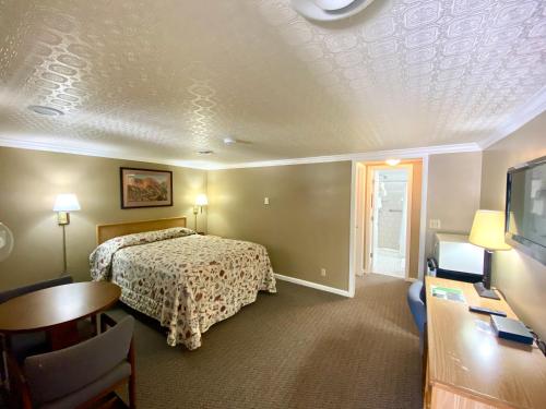 Greybull格雷布尔汽车旅馆的一间卧室配有一张床、一张书桌和一台电视。
