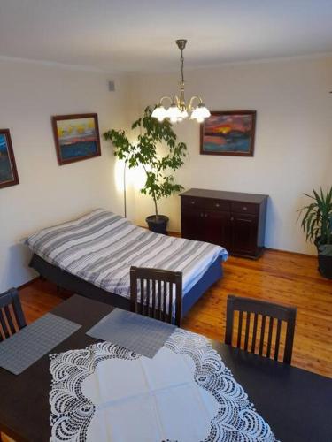 克拉科夫Bronowice- parter domu的卧室配有一张床和一张桌子及椅子
