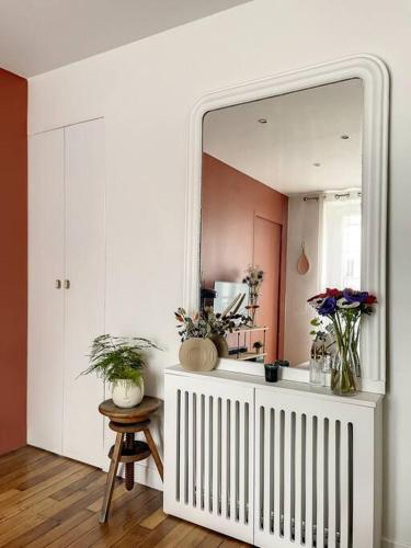 巴黎Charmant appartement parisien, spacieux & lumineux的一间设有镜子和植物桌子的房间