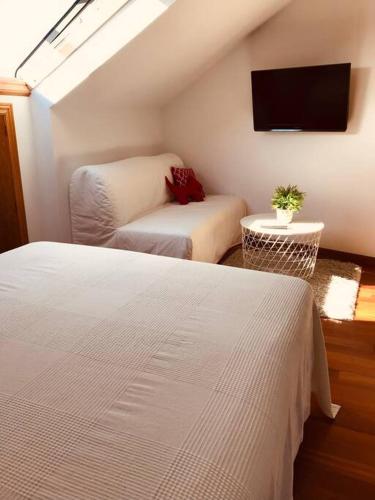 坎巴多斯Apartamento estudio en Cambados Fefiñanes的一间卧室配有两张床和一台平面电视