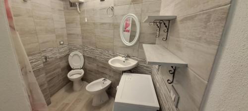 奥尔比亚Stella Marys的一间带卫生间、水槽和镜子的浴室