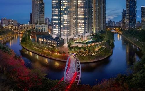 新加坡Fraser Residence River Promenade, Singapore的城市前有摩天轮的河流