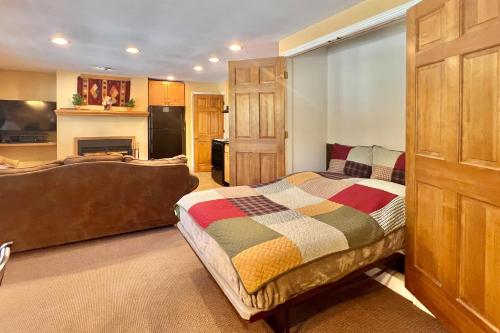 格兰德莱克On the Rapids - B Unit的一间卧室设有一张床和一间客厅。
