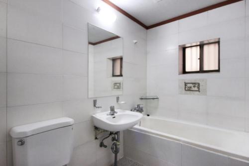 大邱城市之梦汽车酒店的白色的浴室设有水槽、卫生间和浴缸。
