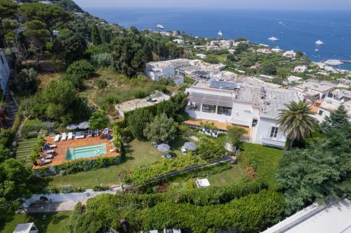 卡普里Villa La Pergola Capri的大海旁山丘上房屋的空中景观