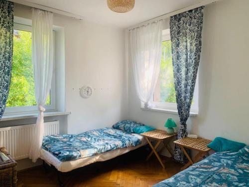 乌斯特龙Tutaj Sielankowo的一间卧室设有两张床和两个窗户。