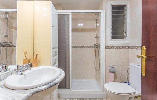 皮内达德马尔Amazing Apartment In Pineda De Mar With Wifi的带淋浴、盥洗盆和卫生间的浴室