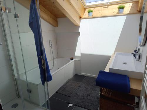 明辛Apartment unterm Dach mit kleinem Seeblick的带淋浴和盥洗盆的小浴室