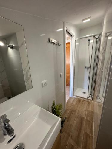 Alozaina桑戈塞拉德拉斯涅韦斯旅舍的白色的浴室设有水槽和淋浴。