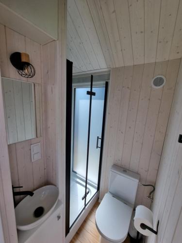 亚斯塔尔尼亚Tiny House Jastarnia的浴室配有白色卫生间和盥洗盆。