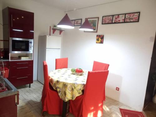 黑角Comme Chez Soi 1的厨房配有桌子和红色椅子